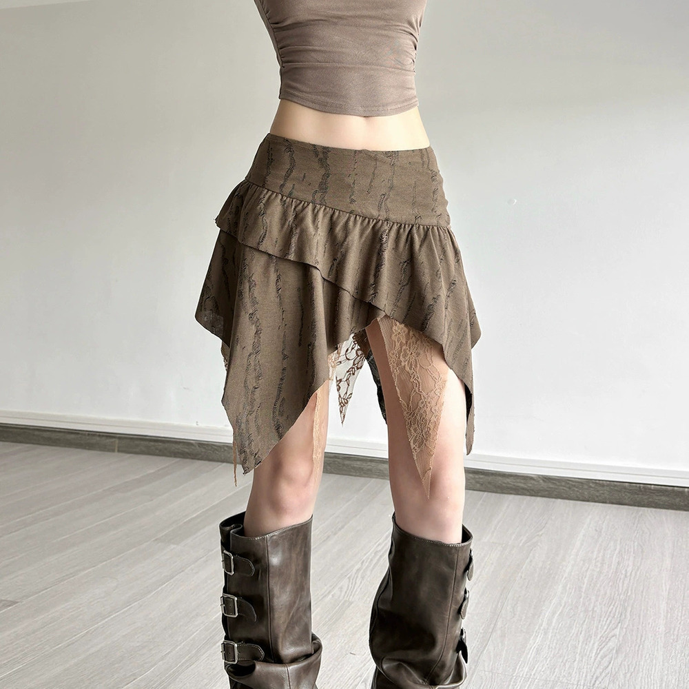 ZARA Autumn Vintage Irregular Lace Patchwork Pleated Short Skirt